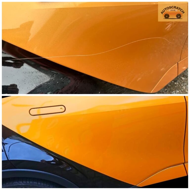 Car paint scratch repair on orange body panel showing before and after with deep scratch removed and smooth glossy finish restored