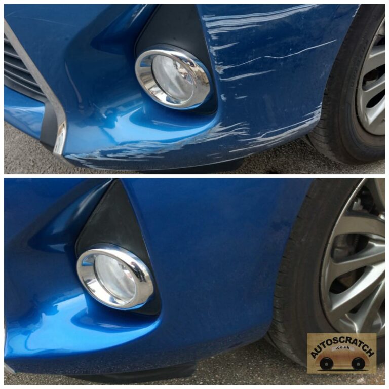 Front bumper scratch repair close-up before and after